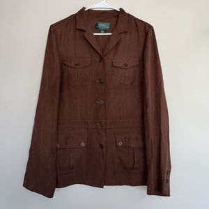Lauren Ralph Lauren 100% Silk Women's Large  Military Shacket Brown Pockets